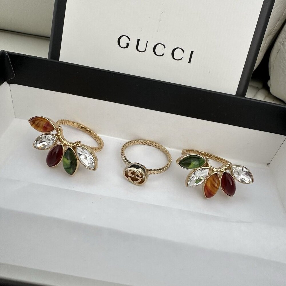 New GUCCI RING FLOWER CRYSTAL GG SIZE XS GOLDEN MULTICOLOR - Picture 4 of 8